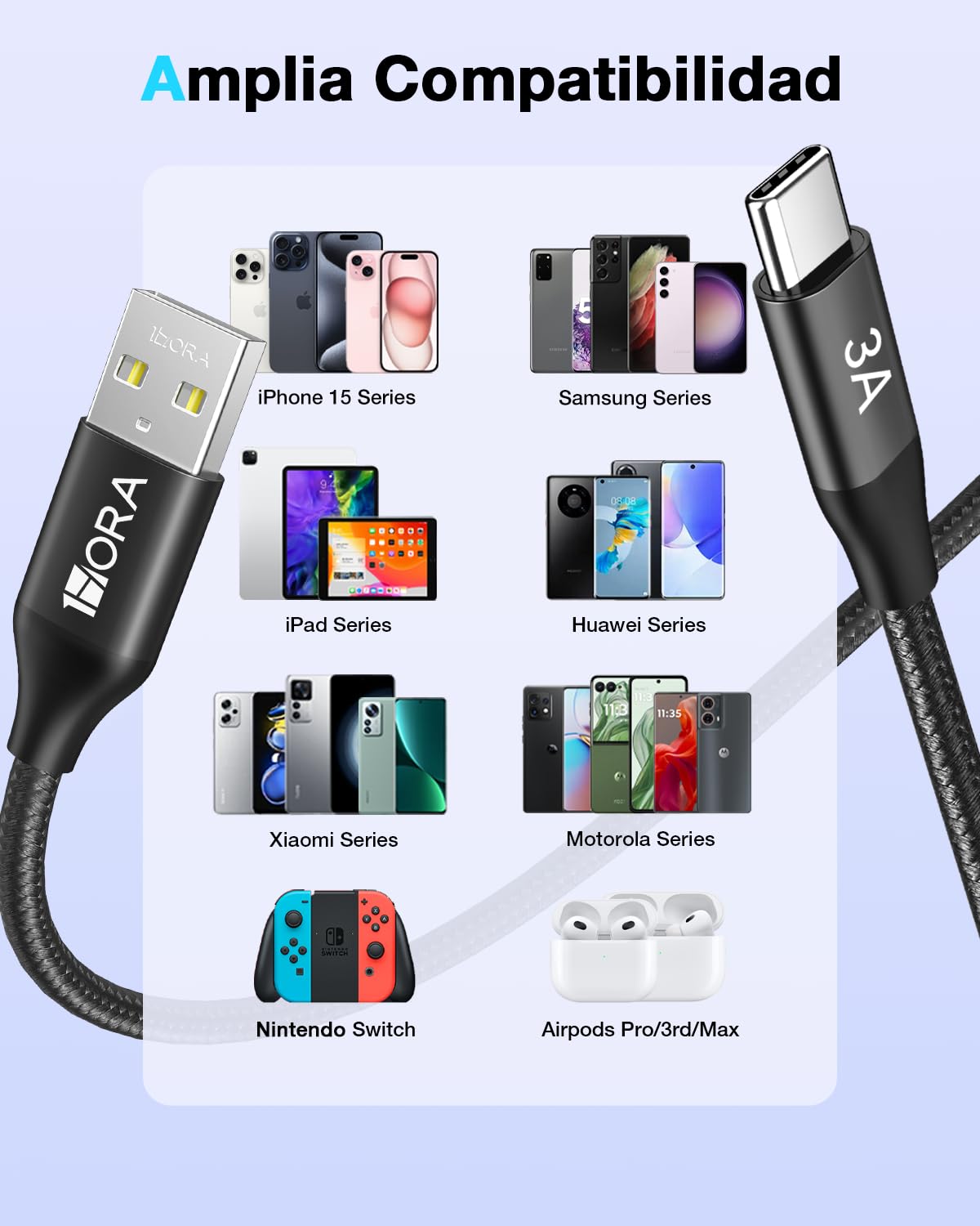 Cable USB C a USB A 60W 3A Nylon Tejido 2M Carga Rápida