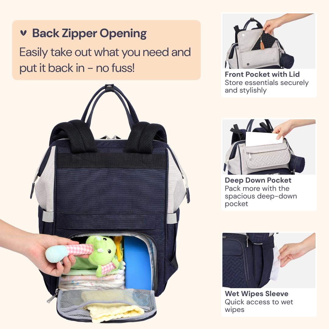 BabbleRoo - Mochila para pañales, bolsas grandes multifunción con cambiador y correas para carriola, estuche para chupete, unisex, elegante, mochila de viaje para mamás, papás (gris piedra)