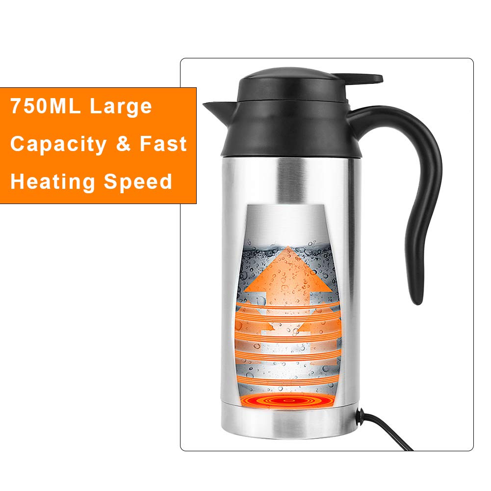 Hervidor Eléctrico de Acero Inoxidable para Coche Portátil con Termómetro 12 V 750 ML para Viaje