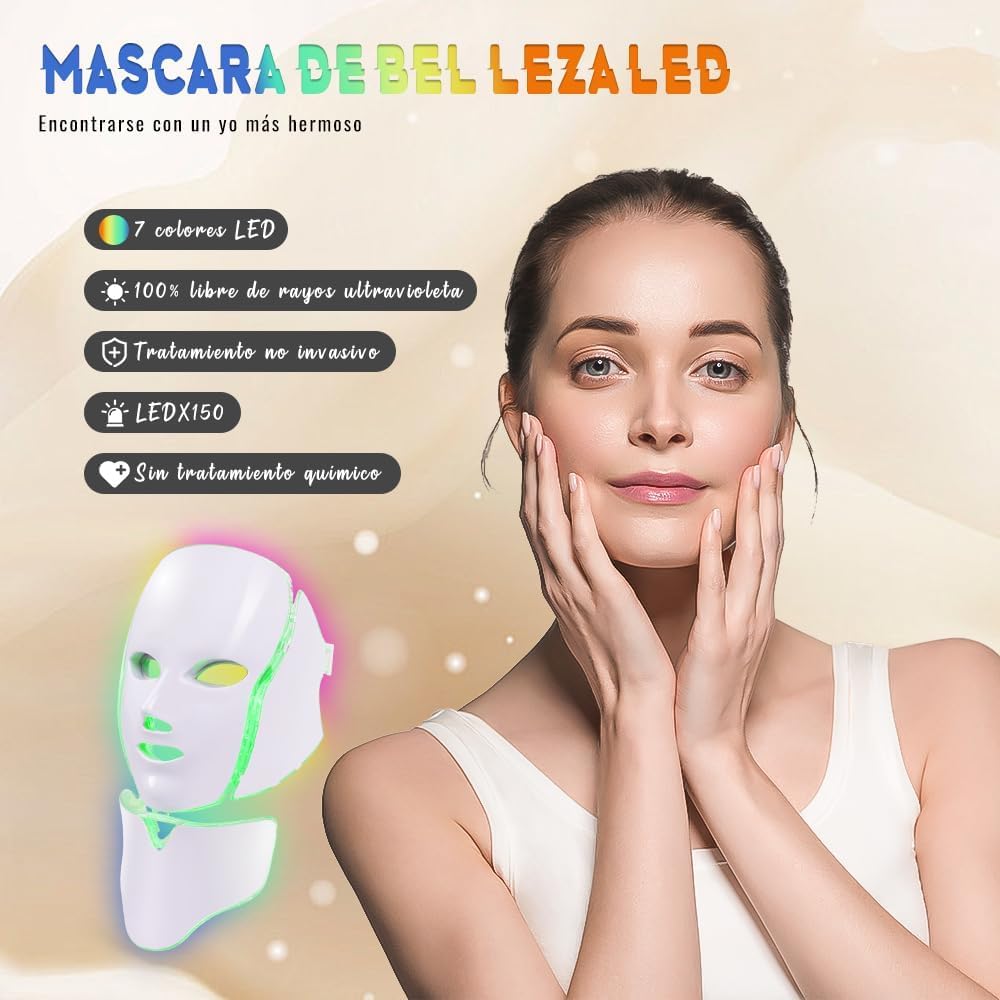 Máscara LED Cuello de La Cara Anti Arrugas Eliminación de Acné Máquina, Mascarilla LED para El Cuello, Herramientas para El Cuidado de La Piel con Mascarilla de 7 Colores
