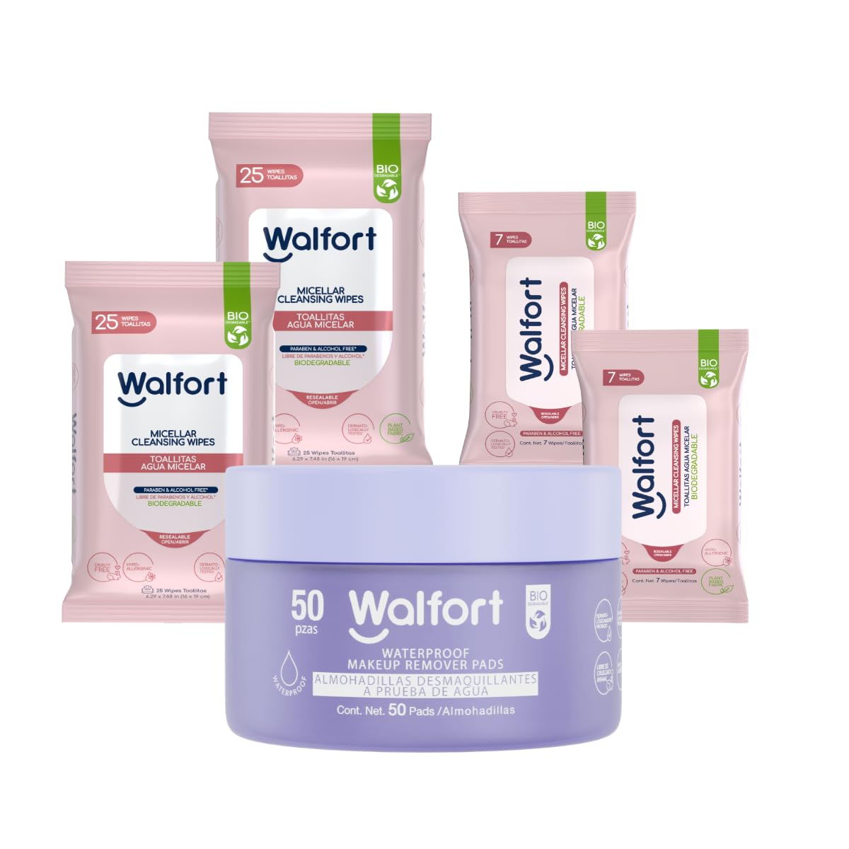 Walfort | Toallitas micelares + Pads desmaquillantes waterproof. Remueven maquillaje, limpian e hidratan. Ideales para el cuidado diario de la piel. Caja con 5 productos