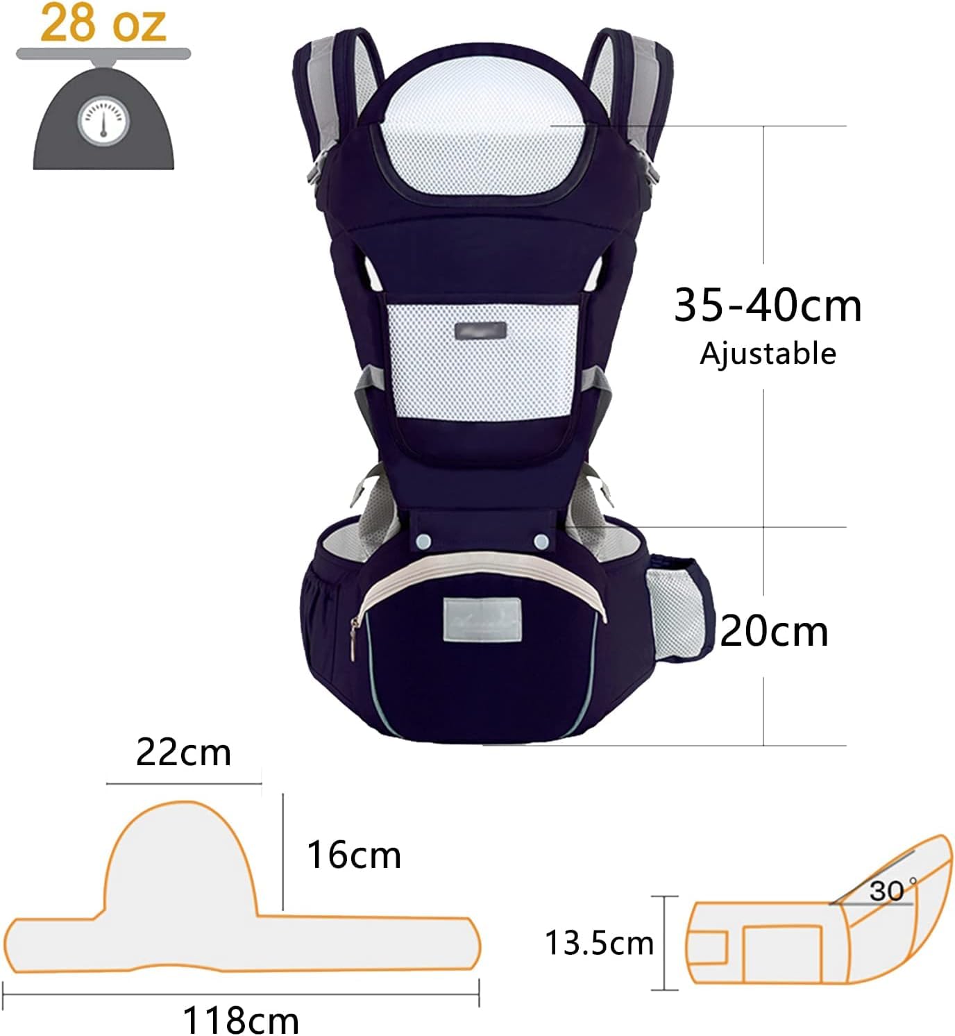 Mochila Portabebé Multifuncional Algodón Azul Oscuro con Asiento de Cadera y Accesorios para Niños