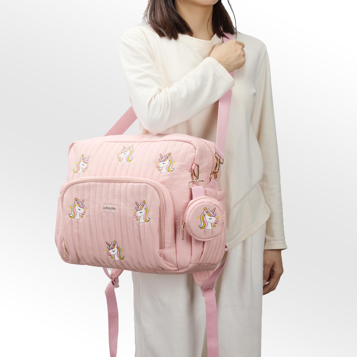 GOBABYMART - Mochila para pañales con cambiador, bolsa de viaje para bebé, bolsillos aislados para botellas, correas para carriola (medianas, unicornios rosas)