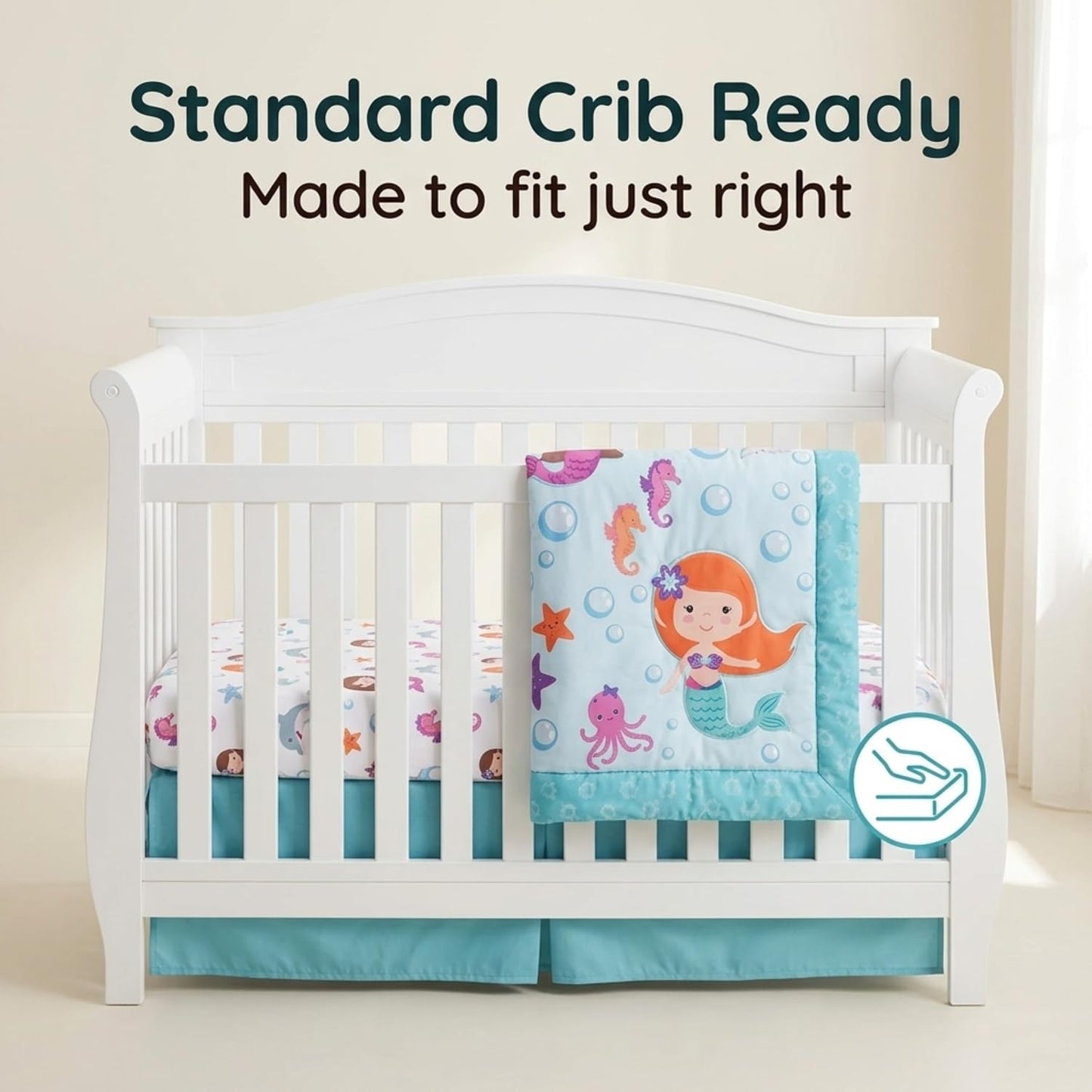 EVERYDAY KIDS Juego de ropa de cama de 3 piezas para cuna, diseño de sirena, incluye edredón, sábana bajera y volantes antipolvo, juego de cama para guardería, juego de cama para cuna de bebé