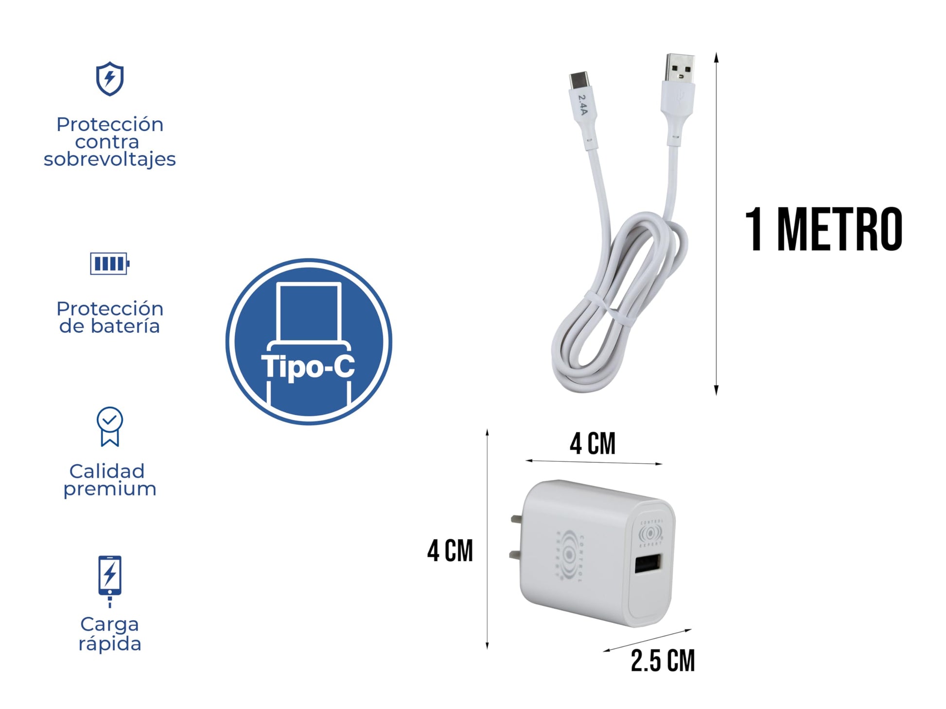 CONTROL EXPERT Combo Cargador Carga Rapida USB a Tipo C 2.4 A Cable 1 Metro (Blanco)