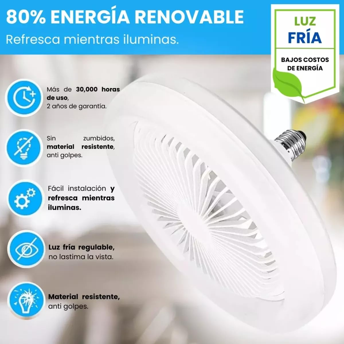 Foco LED Ventilador Techo Abanico Blanco Frío 6,500K° 3 Piezas Control Remoto