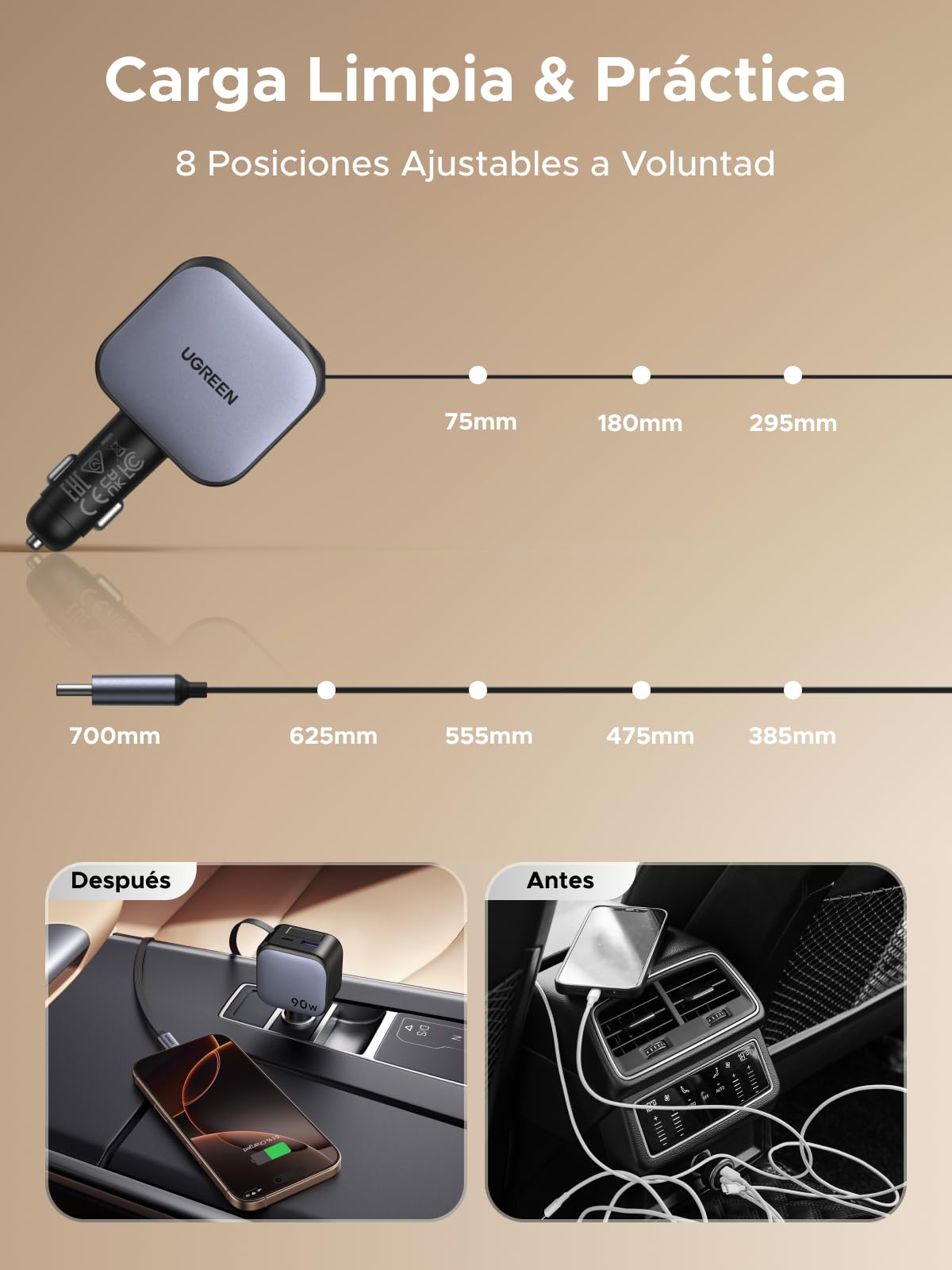 Cargador para Auto UGREEN Negro 3 en 1 Carga Rápida con Cable Retráctil USB C 60W