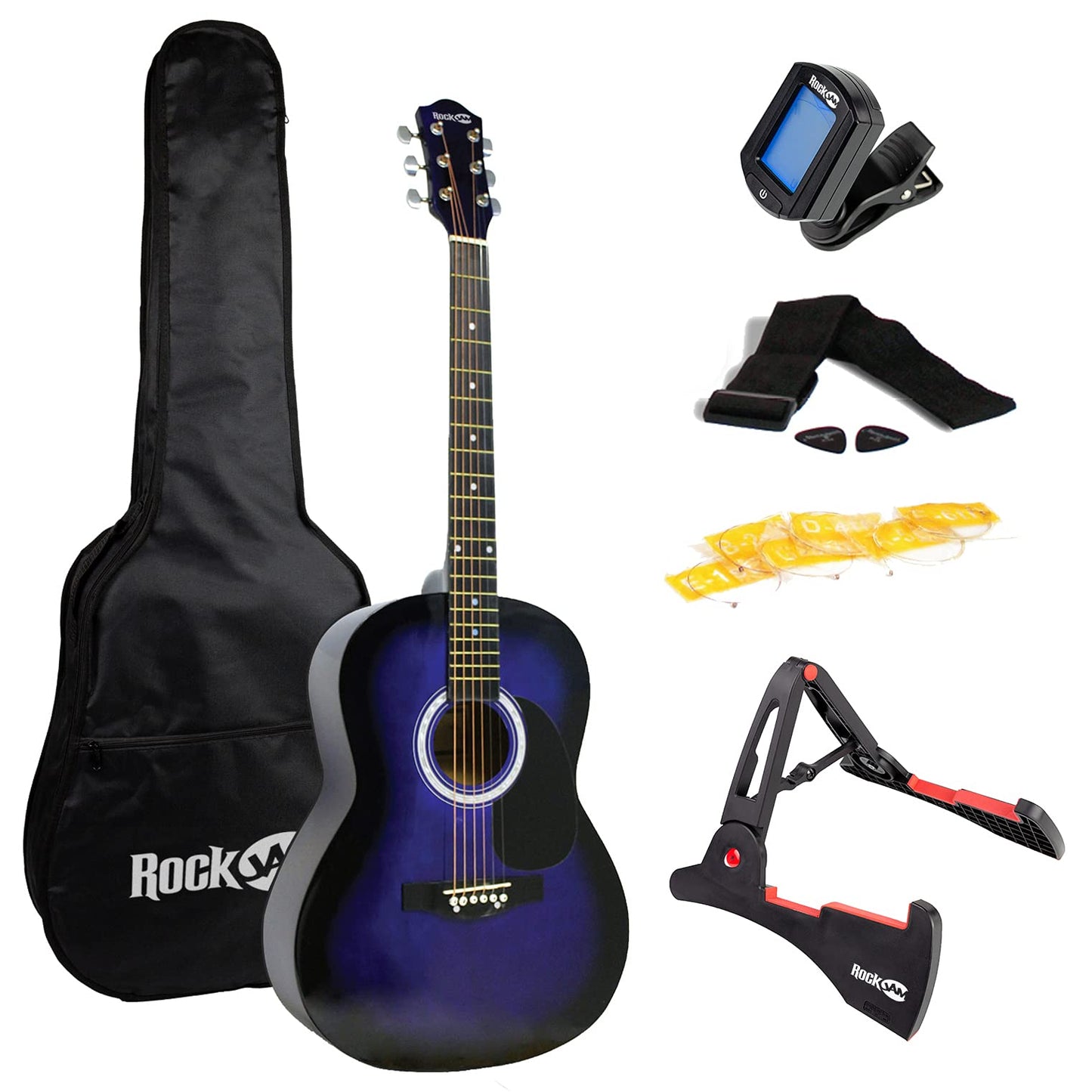 RockJam Acoustic Guitar Kit with Stand, Tuner, Gig Bag, Strap, Picks, Spare Strings & Online Lessons