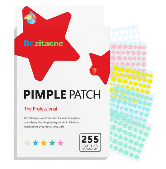 Parches para acne, 255 piezas, 5 colores y 5 tamaños (8, 10, 12, 14, 16 mm), Hidrocoloides pimple patches que se adaptan con precisión a diferentes tamaños de acné, Pegatinas con árbol de té, ácido salicílico y centella