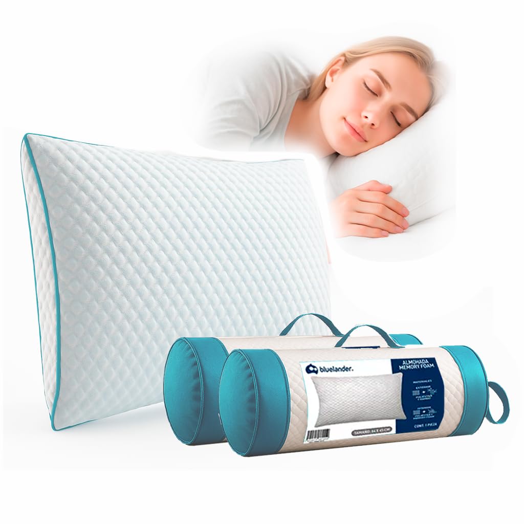 Bluelander Almohada Memory Foam, Pack de 2 Almohadas, 100% Memory Foam, Suavidad y Frescura, Hipoalergénica, Antibacterial, 64 * 45 Cm, Moldeables, Comodidad Garantizada, Soporte, Funda Lavable (2)