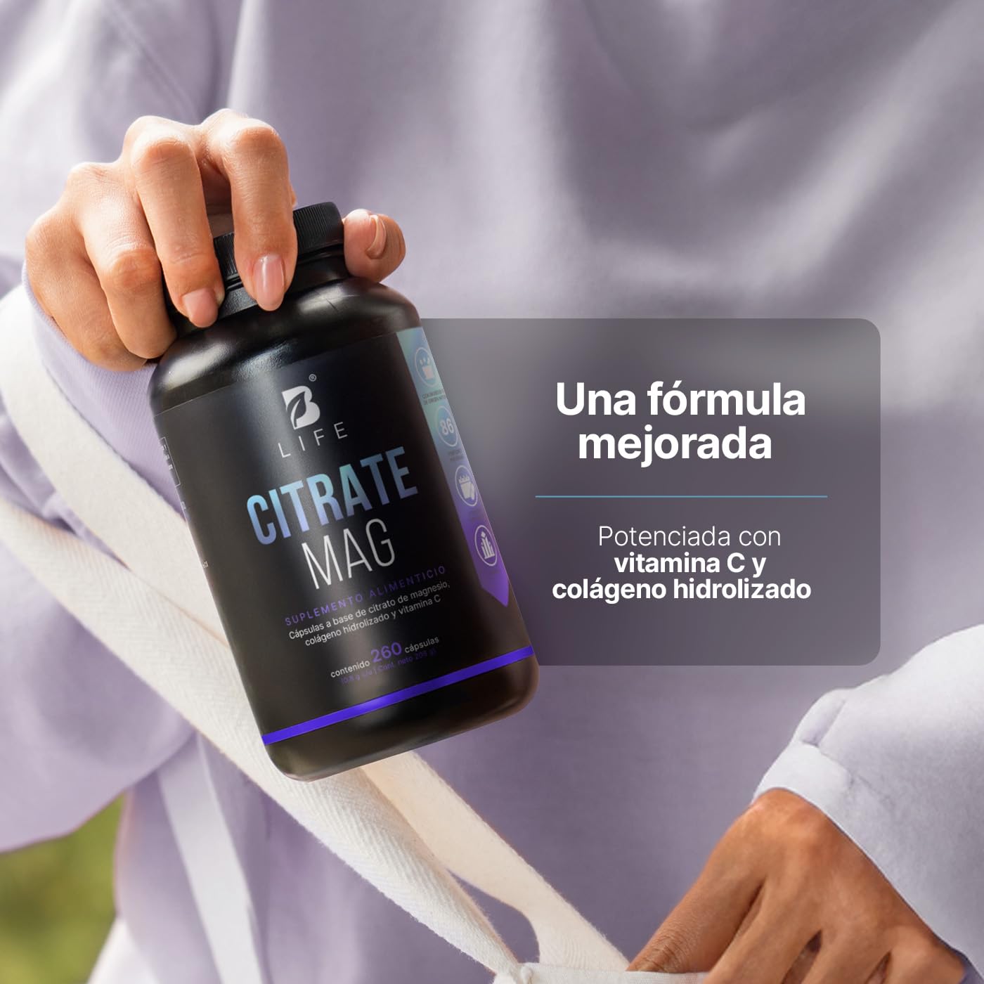 B Life | Citrato de Magnesio Puro | 260 cápsulas | 2400 mg por porción | Alta absorción | Adicionado con Vitamina C y Colágeno | Citrate Mag.