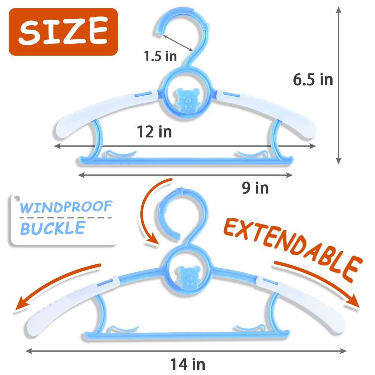 Perchas para bebé para guardería, clóset, paquete de 60 perchas de plástico para niños, ahorro de espacio, antideslizantes, extensibles, de 11 a 14 pulgadas, perchas ajustables para ropa resistente a