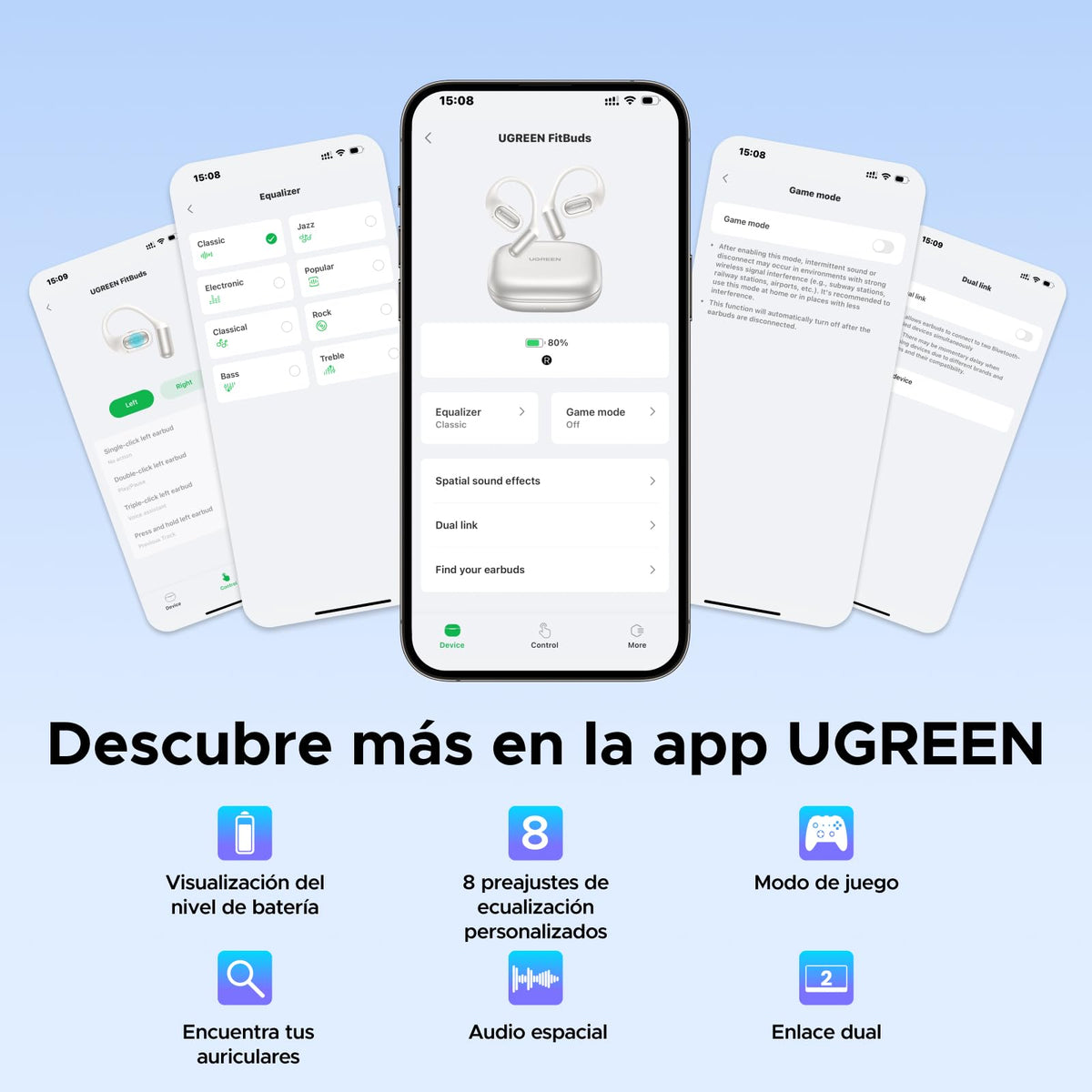 Audífonos Bluetooth UGREEN Open Ear 32H con 4 Micrófonos IA