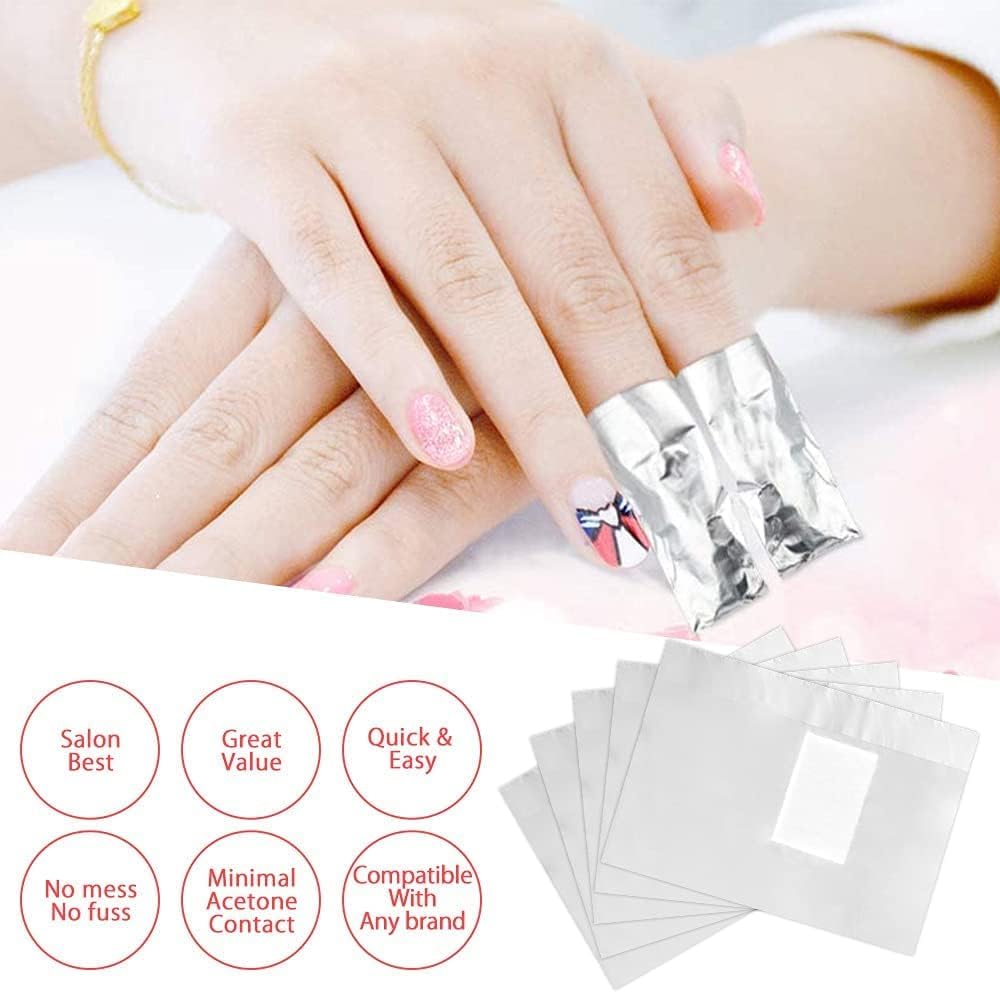 Envolturas de Aluminio Zuenlinks 500 Piezas con Almohadillas de Algodón Absorbente y Herramienta Empujadora de Cutículas de Acero Inoxidable para Uñas de Gel, Acrílicas y UV