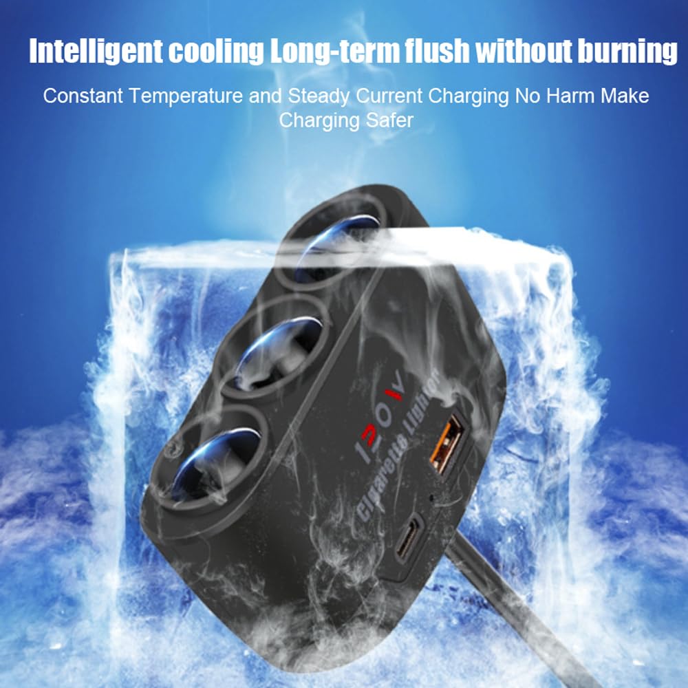 AIYUNDI Divisor de Enchufe de Encendedor de Cigarrillos 3 en 1, Adaptador de Carga rápida USB + PD de 120W, Divisor de Potencia de 3 enchufes, 12-24V para Coche, camión, SUV