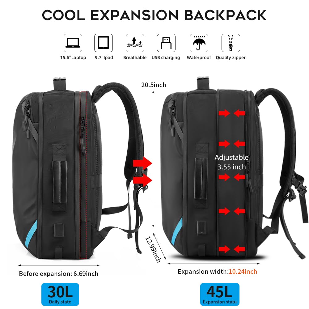 Mochila de Viaje Expandible TANGCORLE Negro 45L para Mujeres y Hombres