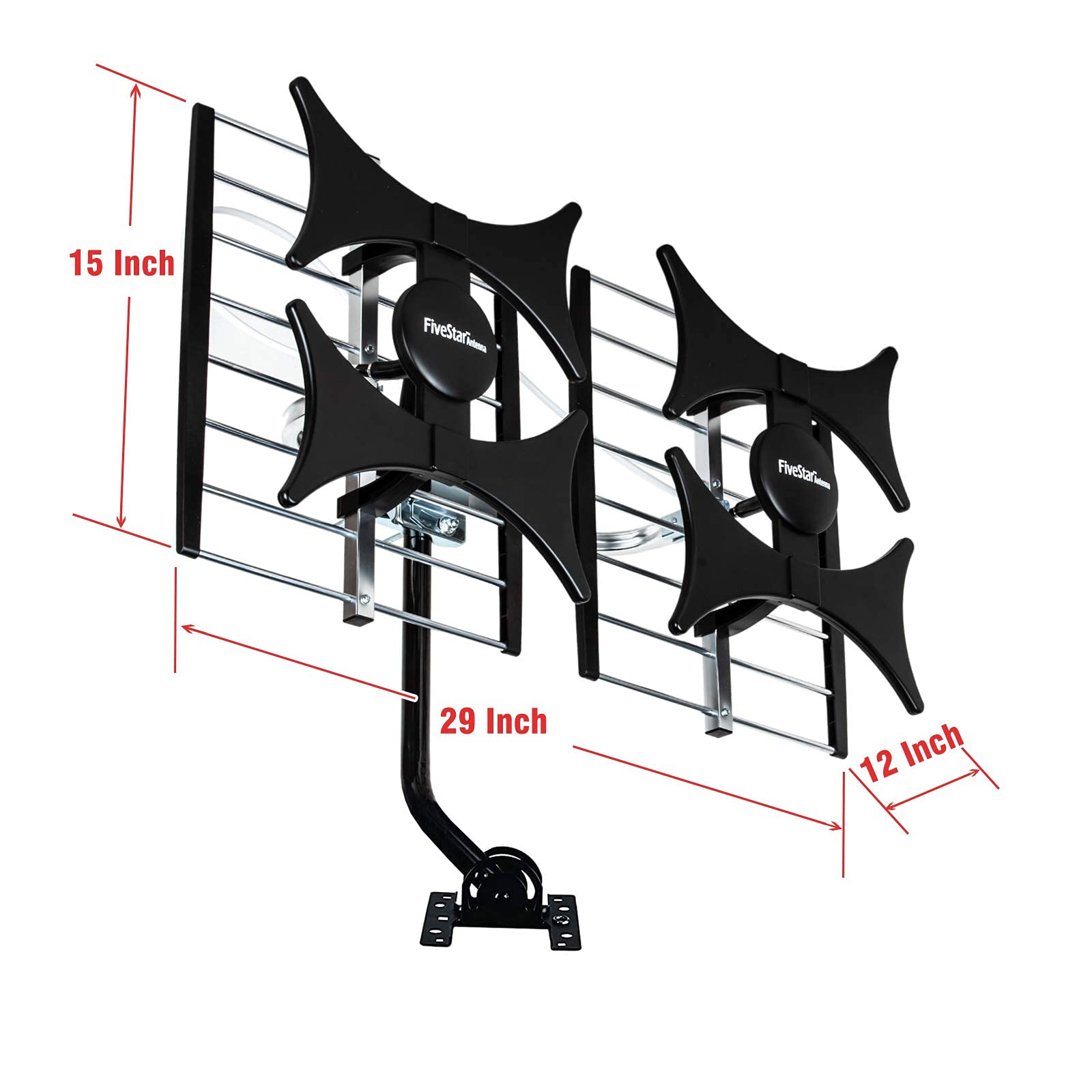 Five Star Antena multidireccional de 4 V HDTV amplificada – hasta 200 millas de alcance, UHF/VHF, interior, ático, exterior, 4K Ready 1080P FM con cable coaxial RG6 de 40 pies, poste de montaje