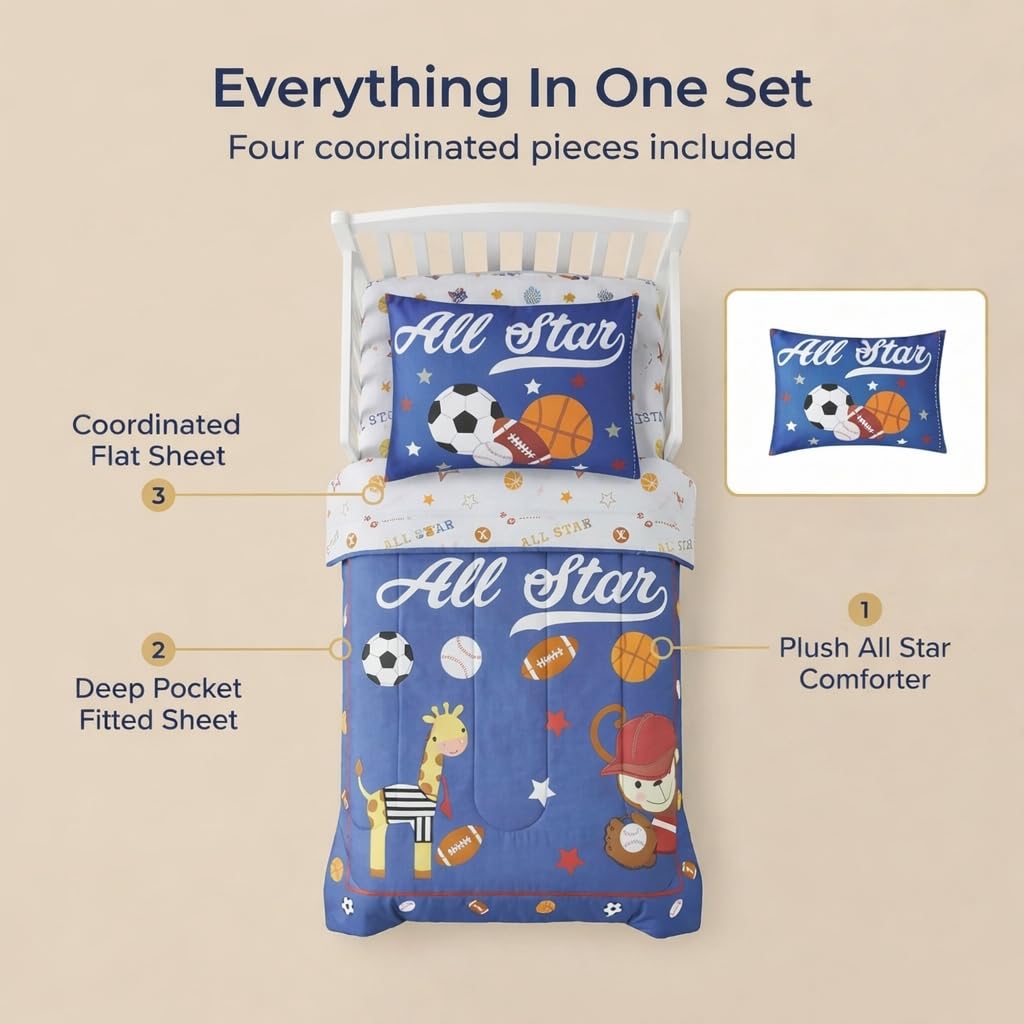 EVERYDAY KIDS - Juego de ropa de cama de 4 piezas para niños pequeños – Jungle Sports – Suave percal 100% algodón, incluye edredón, sábana encimera, sábana bajera ajustable y funda de almohada