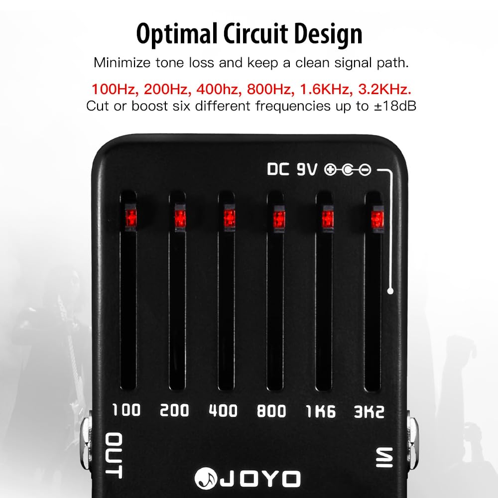 JOYO EQ - Ecualizador de guitarra eléctrica de 6 bandas (100 Hz, 200 Hz, 400 Hz, 800 Hz, 1,6 kHz, 3,2 kHz) proporciona ± 18 dB para cada banda (JF-11)