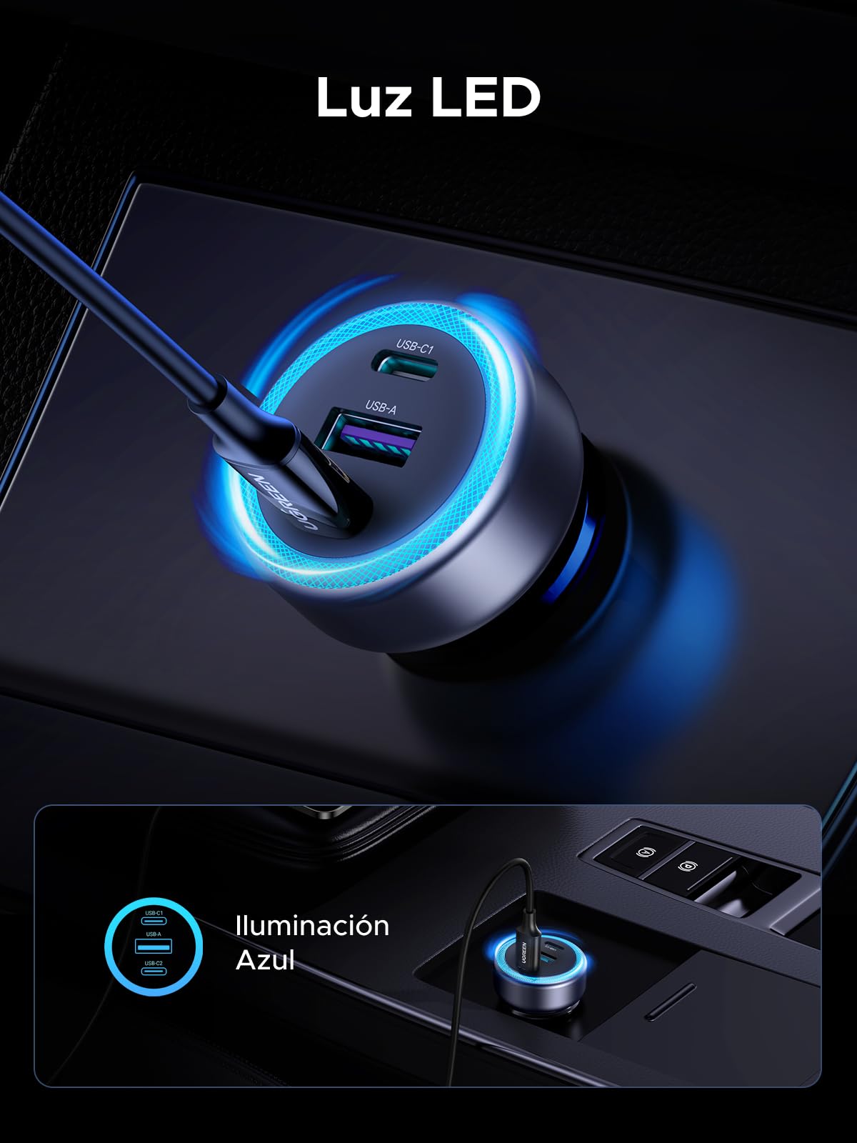 UGREEN 30W USB C Cargador Auto Carga Rápida, 3 Puertos 2 USB C Adaptador Auto Tipo C A, QC/PD 3.0 Cargador para Coche Compatible con iPhone 16 15 Pro Max, Pixel 9 8 7, Galaxy S25 S24 S23, iPad Pro Air