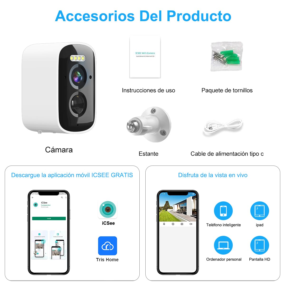 Cámara de Seguridad EASYTAO D21 Alexa 2.5K Recargable Impermeable Visión Nocturna Exteriores