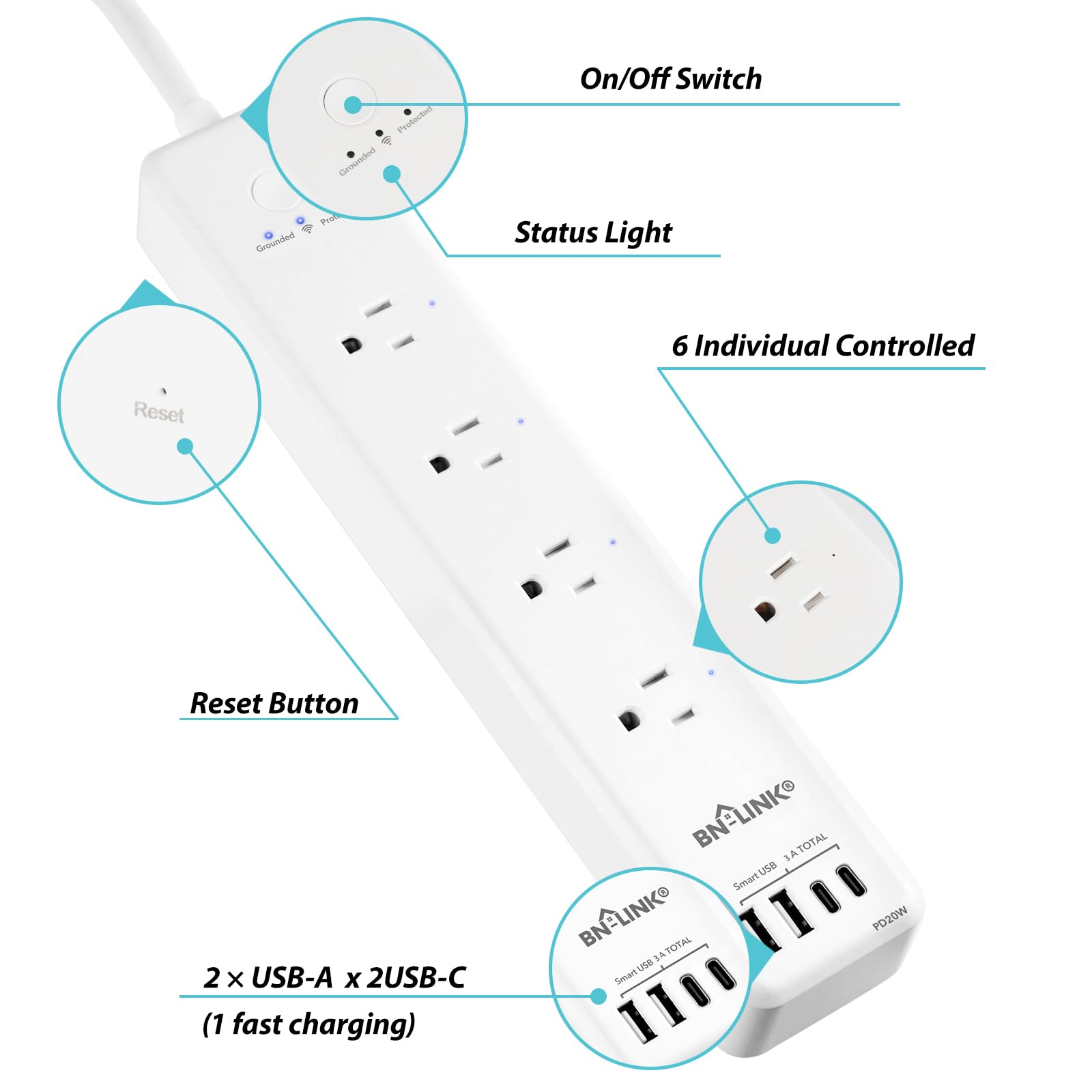 BN LINK Smart Plug Power Strip, protector contra sobretensiones con 4 tomas inteligentes controladas individualmente, 4 USB (incl. 20 W USB-C), compatible con Alexa y Google Home