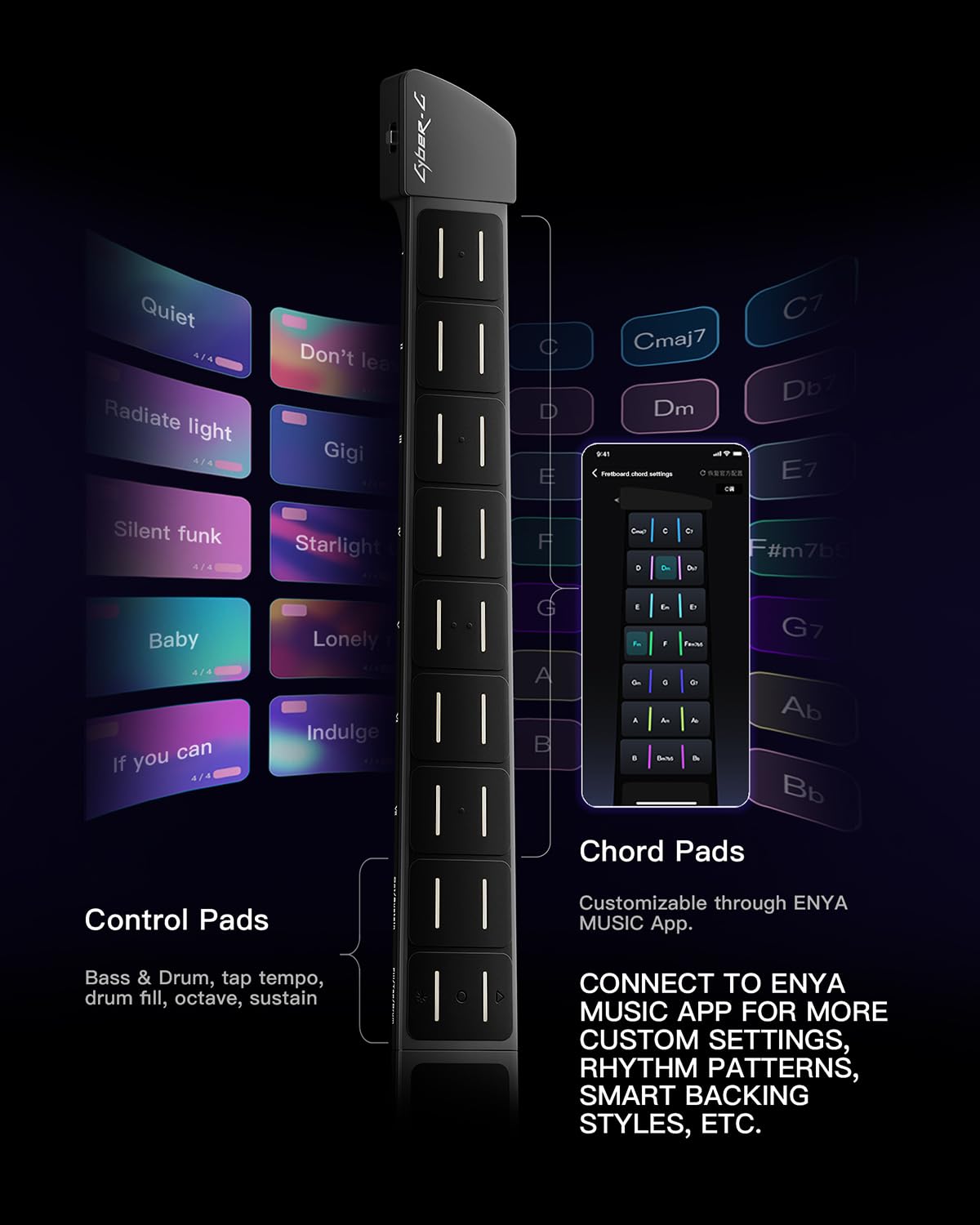 Enya CYBER-G Guitarra inteligente sin cuerdas, guitarra plegable de respaldo de viaje, máquina de tambor integrada y línea de bajo, 20 sonidos de instrumento para banda de un solo hombre, hojas de