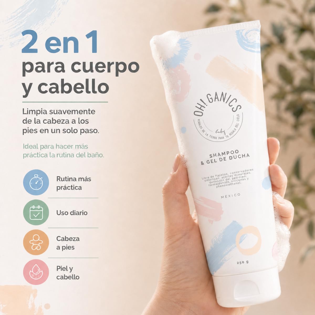 OH! GANICS Shampoo y Gel de Ducha para Bebé, 250 ml