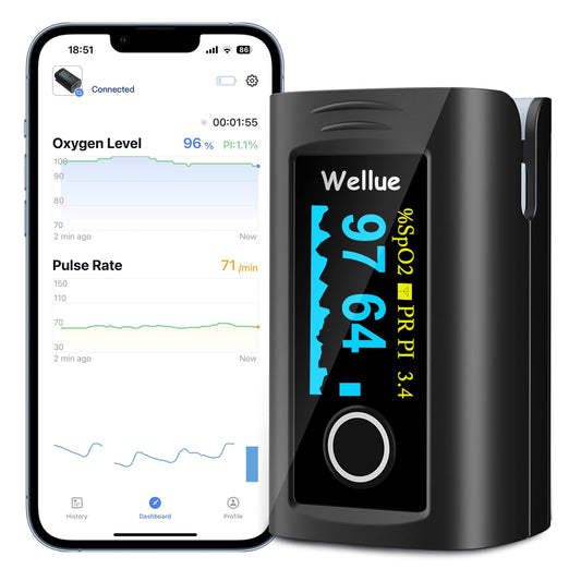 Monitor de Saturación de Oxígeno Wellue Bluetooth Negro con Alarma y Accesorios para Bienestar