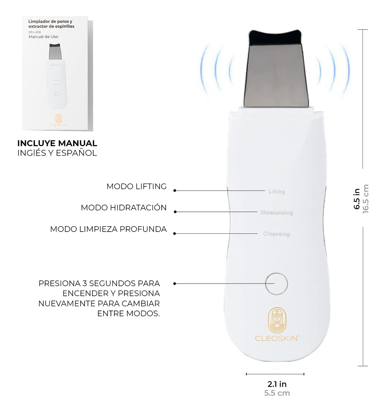 CLEOSKIN. Espátula Peeling Ultrasónico. Exfoliación, depurador facial de poros. Incluye 2 fundas de silicona para limpieza facial. Skin scrubber, elimina células muertas de la piel, skincare, belleza.