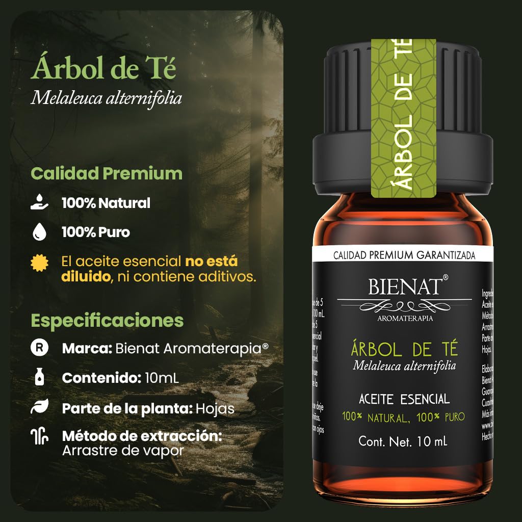 BIENAT AROMATERAPIA Aceite Esencial de Árbol de té 10mL | 100% Puro y Concentrado | Ideal para Difusor de Aromas, Humidificador, Aromaterapia, Masajes, Meditación, Jabones y Velas | Esencia Natural en Gotas