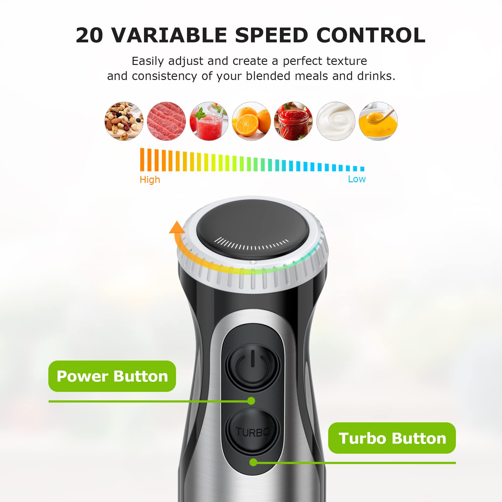 Bonsenkitchen Batidora de mano de inmersión 2 en 1, multiusos de 500 W con batidor, 20 velocidades y modo turbo, de acero inoxidable 304 para licuados, papillas para bebés y sopas