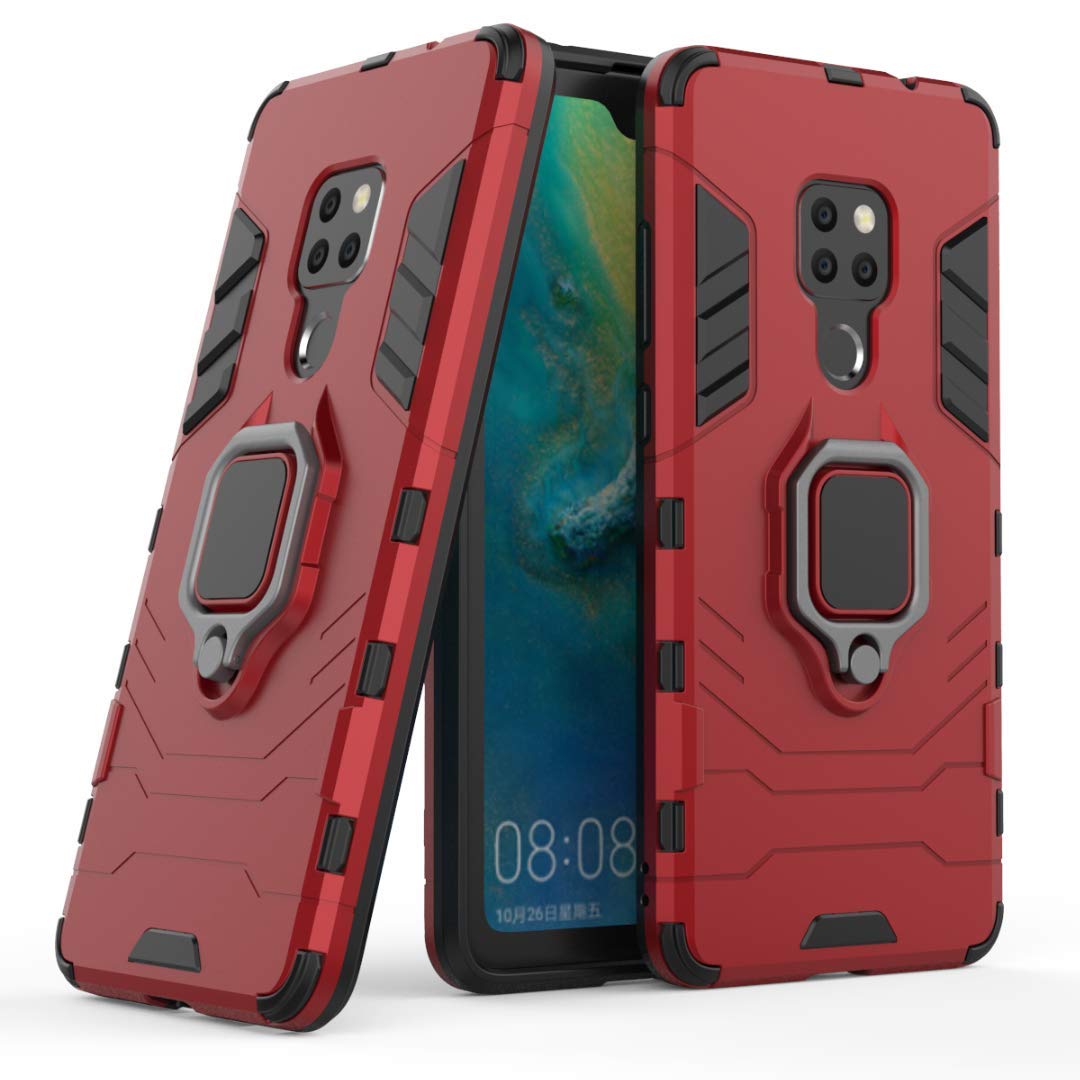 Compatible con Huawei Mate 20 Funda, Anillo Metálico Sujeción Soporte Antichoque Rígido Caja (Funciona con el Montaje de Coche Magnético) Doble Capa Sólido Case Carcasa para Huawei Mate 20 (Rojo)