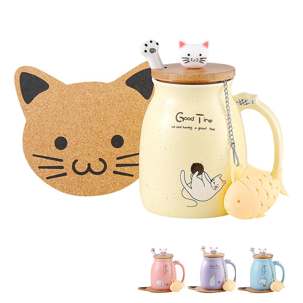BigNoseDeer - Taza de té con infusor y tapa, taza de café de cerámica para gatos kawaii, taza de té, lindas cosas preparadas para gatos, regalos de cumpleaños, lindos regalos para mujeres y niñas (13