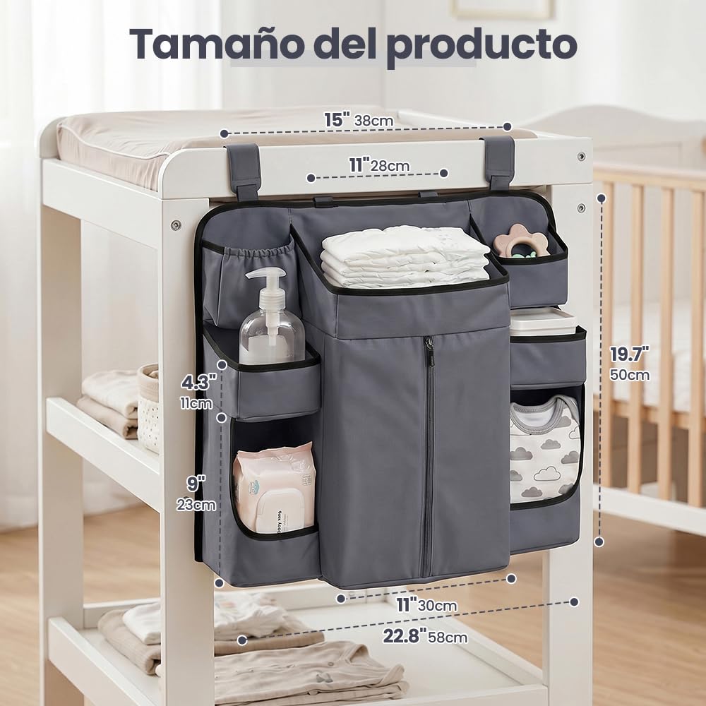 Organizador de Pañales para Bebe, Organizador de Cuna Colgante para Cosas de Bebé, Múltiples bolsillos y compartimentos para guardar pañales, biberones (Gris Oscuro)