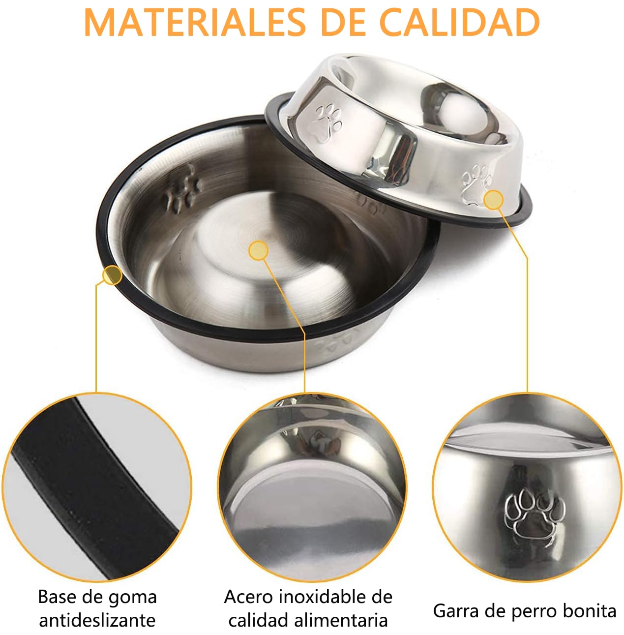 COOLKITALENT Comedero para Perro de Acero Inoxidable, Cuenco De Comida para Mascotas, Comedero y Bebedero Perro Antideslizante, para Perro Grande y Medianas, 2 Unidades, 26cm