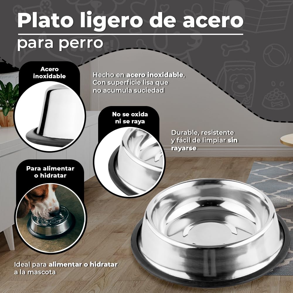 Fancy Pets Plato de Acero Inoxidable Ligero Antiderrapante para Perro con 32 Onzas o 907 Gramos