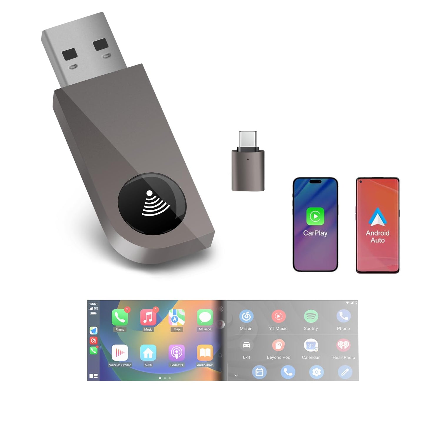 Pyniro Adaptador automático inalámbrico 2 en 1 CarPlay/Android, Plug & Play CarPlay Dongle se Convierte con Cable a inalámbrico con USB y USB-C/Tipo-C, conexión automática rápida, Control Estable y