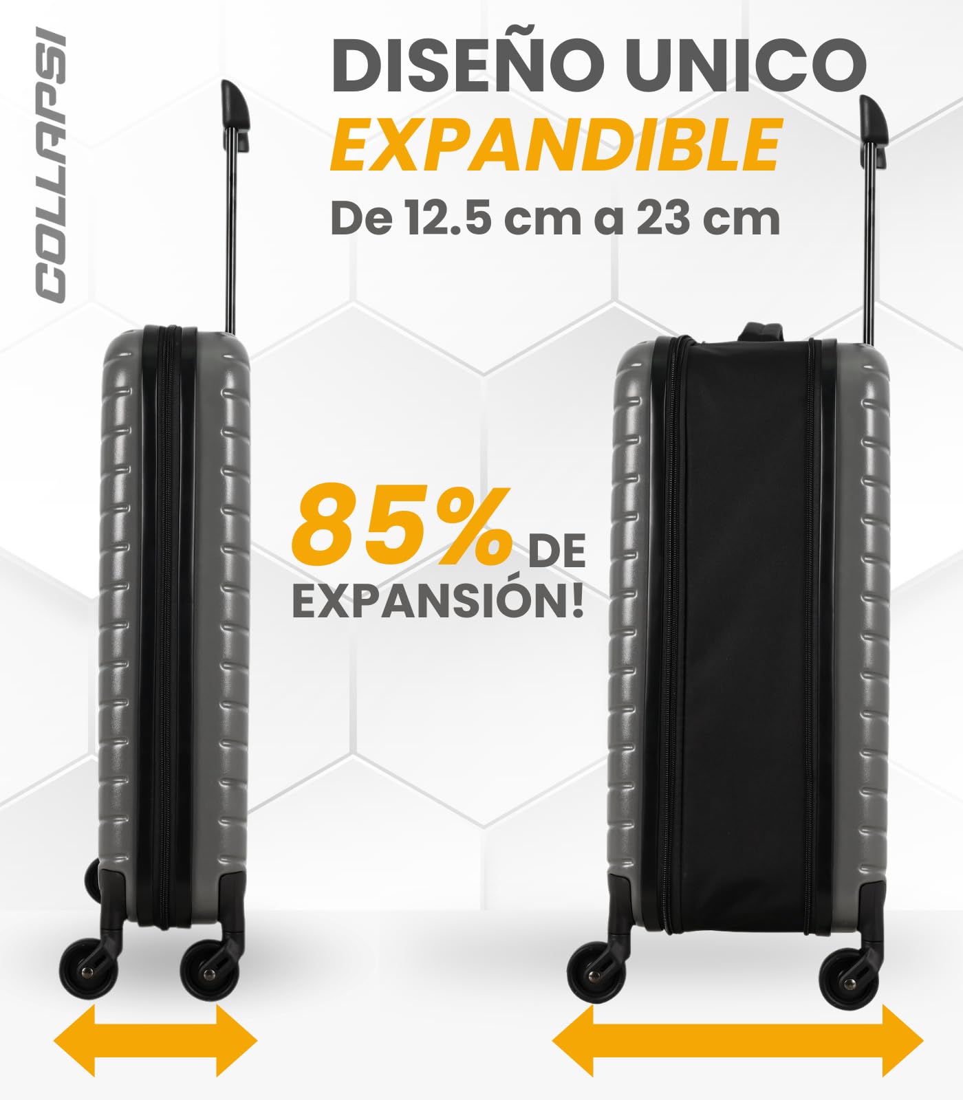 COLLAPSI Maleta de Viaje 20" Carry On Expandible, Equipaje de Mano 10 Kg con seguridad TSA Lock, Color Gris, Luggage.