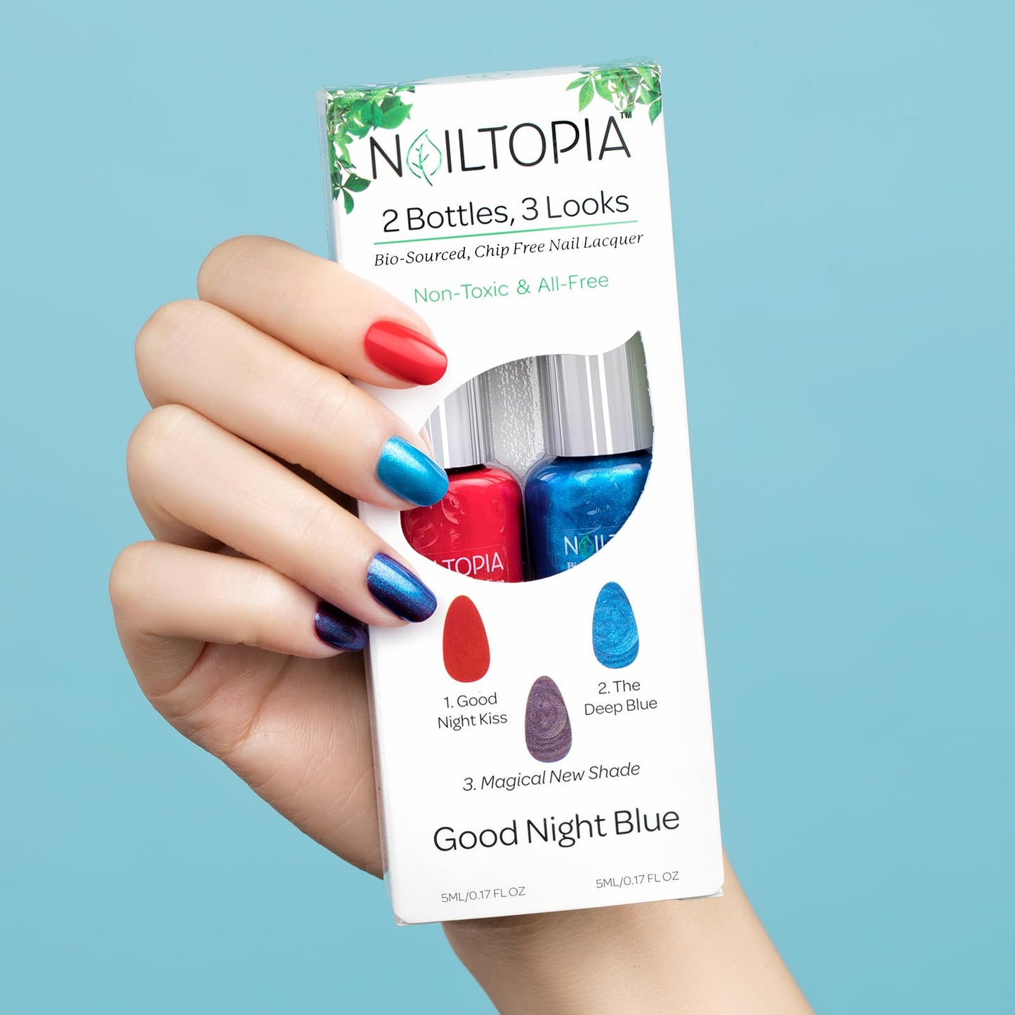 Nailtopia Good Night Blue: 2 Bottles, 3 Looks - All Natural, Vegan, Strengthening Biotin and Superfood-Infused Polish - Chip Resistant Formula - Quick-Dry, Long Lasting Wear - 2 pc