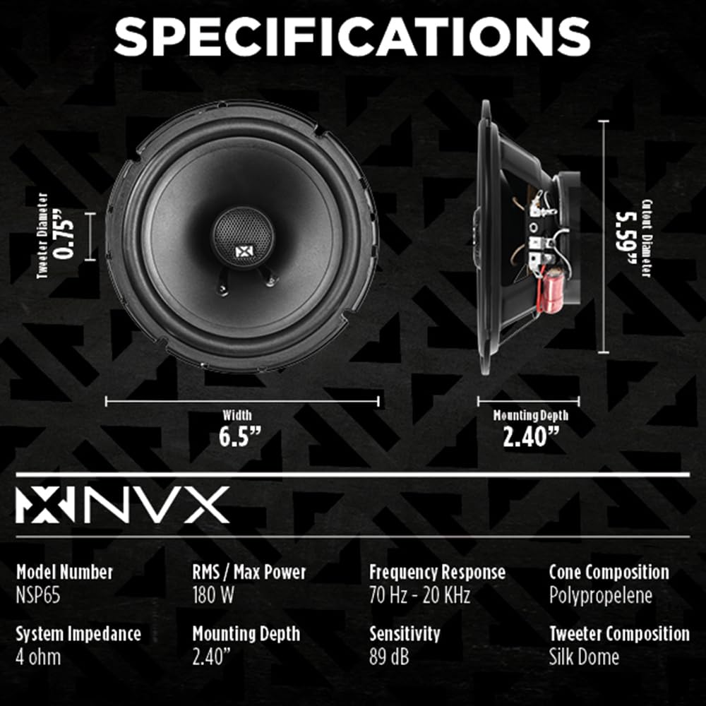 NVX 6 1/2 inch True 80 watt RMS 2-Way Coaxial Car Speakers [N-Series] with Silk Dome Tweeters, Set of 2 [NSP65]