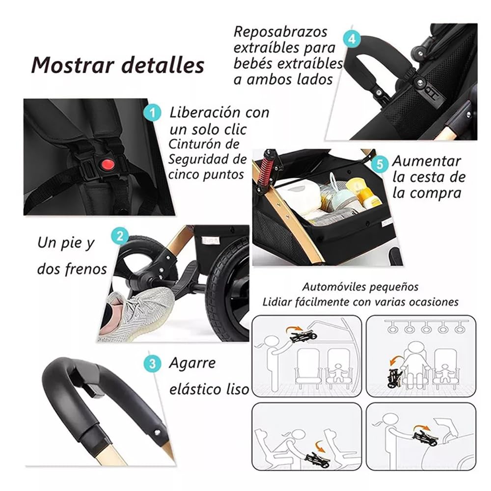 FINYQBET Carrito De Bebé Plegable Universal Para Cuatro Estaciones Sillas De Paseo para Bebés De Alta Vista para Bebés Recién Nacidos, Implementación Bidireccional Multifuncional Y Segura Negro