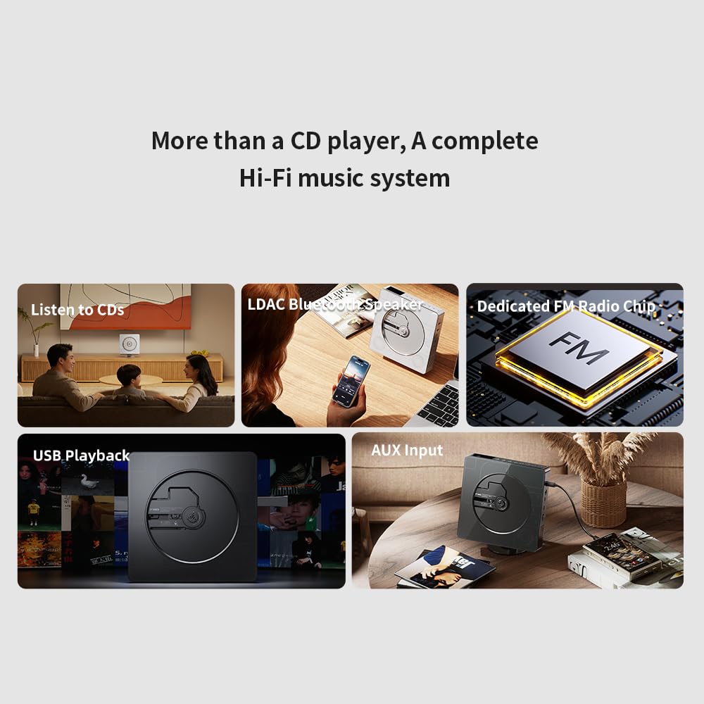 FIIO SNOWSKY Beatbox Reproductor de CD todo en uno, Boombox, altavoz Bluetooth estéreo de alta fidelidad con LDAC, extracción de CD USB, radio FM, entrada AUX, batería recargable y placas frontales
