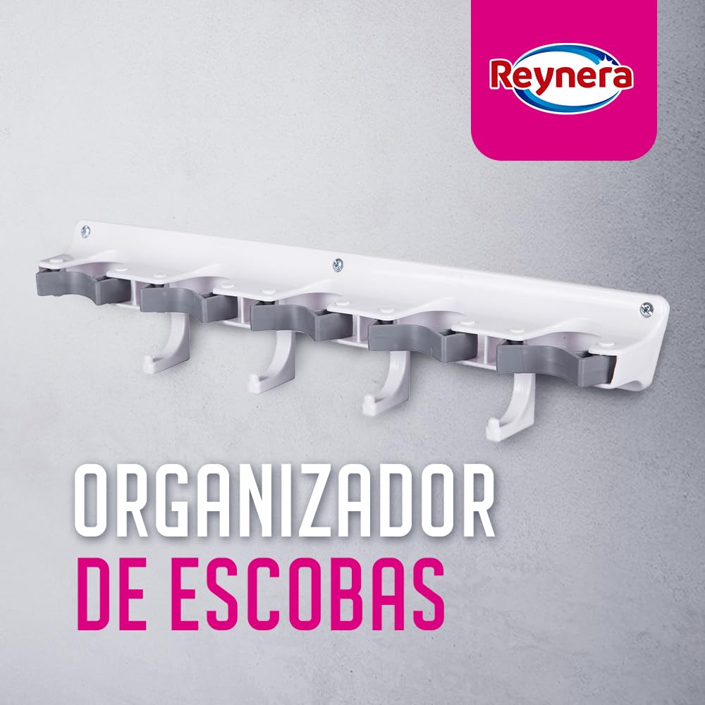 Colgador Reynera, Organizador de Escobas y Trapeadores con 5 Espacios y 4 Ganchos para una Organización Impecable.