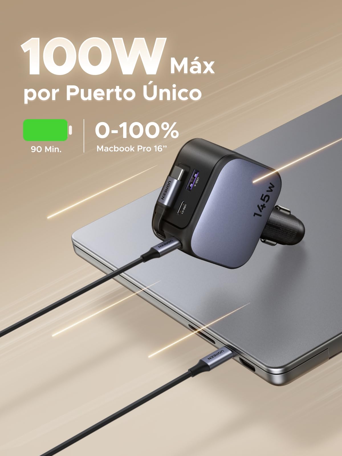 Cargador para Auto UGREEN Negro 145W 4 en 1 con Cable Retráctil USB C