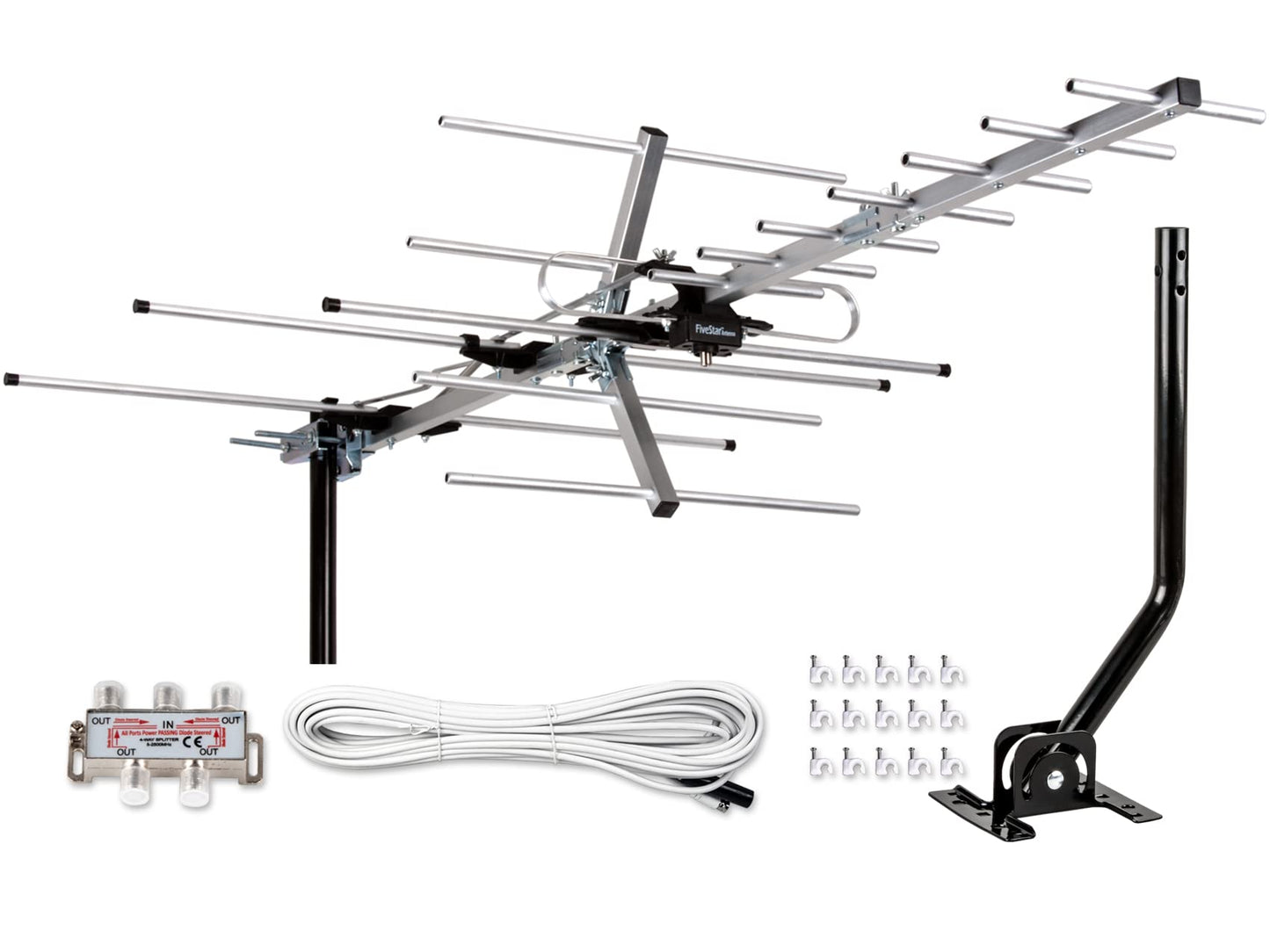 Five Star Yagi - Antena de TV satélite HD de hasta 200 millas de largo alcance, soporte en ático o techo Antena digital OTA TV para 4K compatible con 4 televisores kit de instalación y poste de