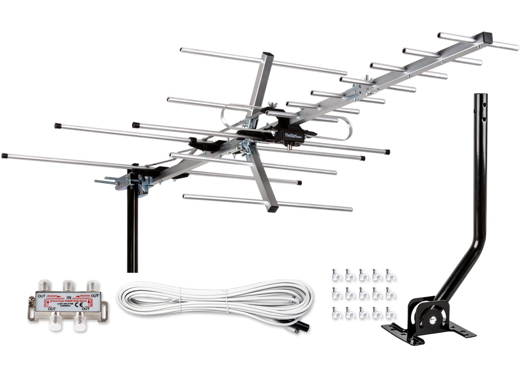 Five Star Yagi - Antena de TV satélite HD de hasta 200 millas de largo alcance, soporte en ático o techo Antena digital OTA TV para 4K compatible con 4 televisores kit de instalación y poste de