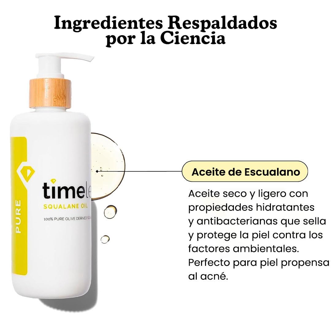 TIMELESS Aceite de Escualano 100% Puro 240 ml - aceite facial y corporal hidratante ligero derivado del aceite de oliva - skincare body oil para rostro, cuerpo y cabello