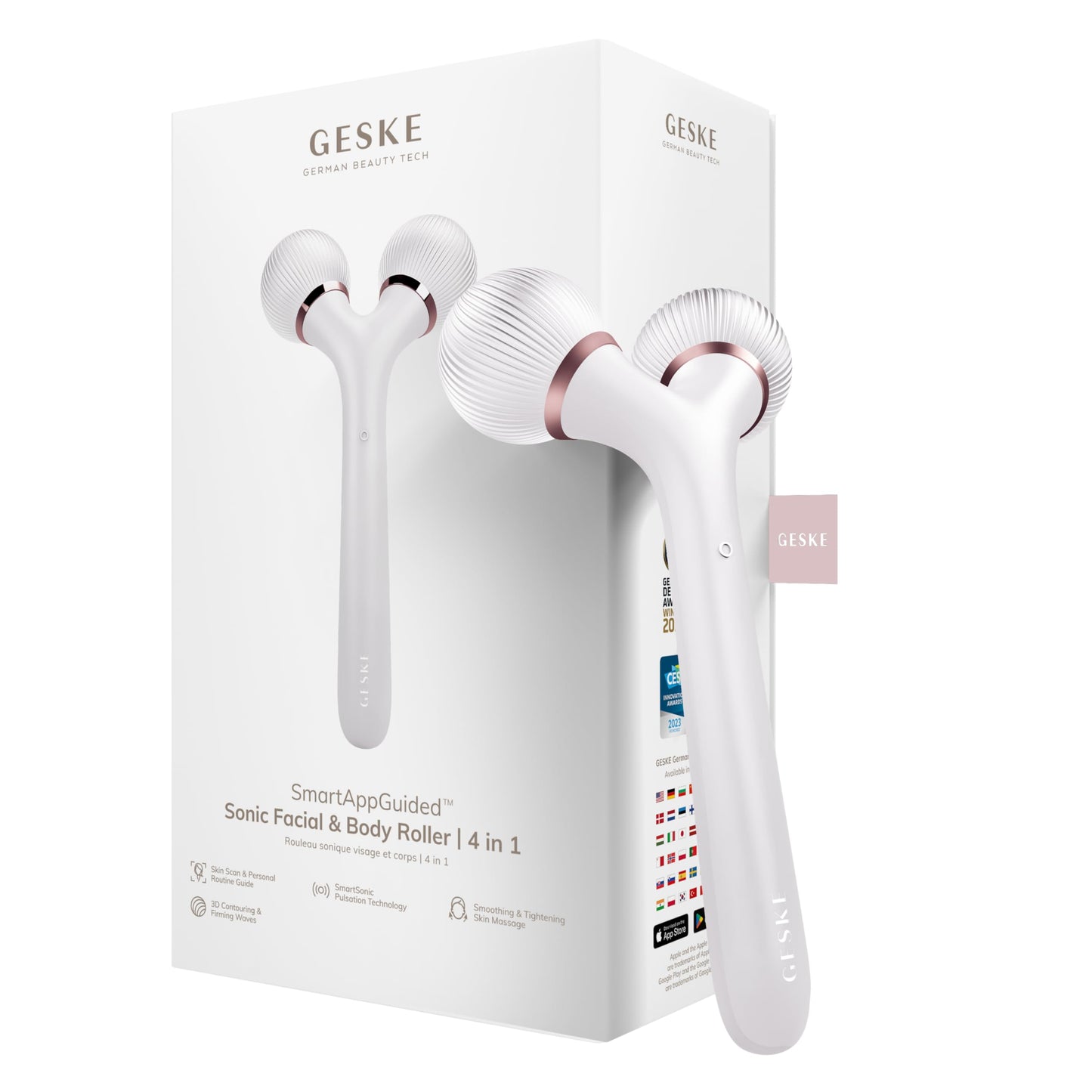 GESKE | Rodillo facial y corporal sónico SmartAppGuided™ | 4 en 1 | rodillo derma | Dispositivo para rostro y cuerpo | rodillo derma | Rodillo facial profesional | Reafirma y define cuerpo y rostro