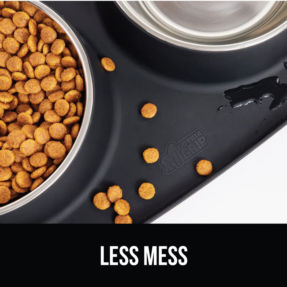 Gorilla Grip Juego de cuencos antideslizantes para mascotas y alfombrilla de alimentación de silicona, atrapa el agua y los alimentos, bordes elevados para evitar derrames, cuenco de acero inoxidable para gatos y perros, diseño pendiente de patente, 1 taz